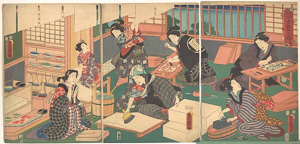 A woodblock triptych of women at every station of a print workshop — carving blocks, rubbing impressions, hanging printed sheets to dry